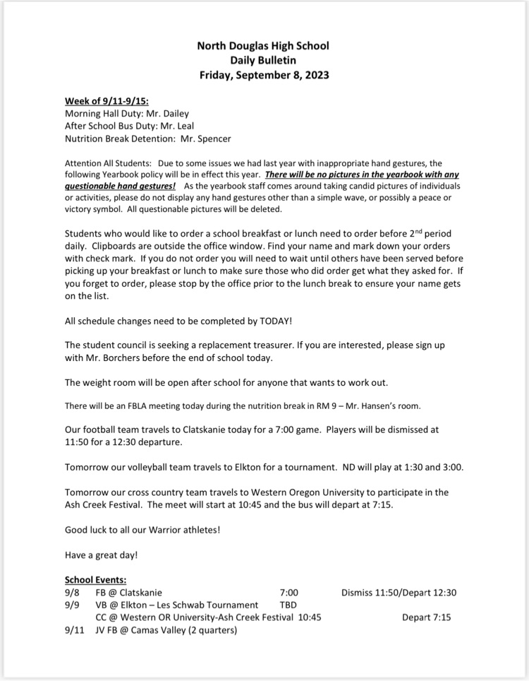 NDHS Daily Bulletin 9/8/23