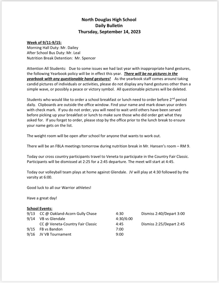 NDHS Daily Bulletin 9/14/23