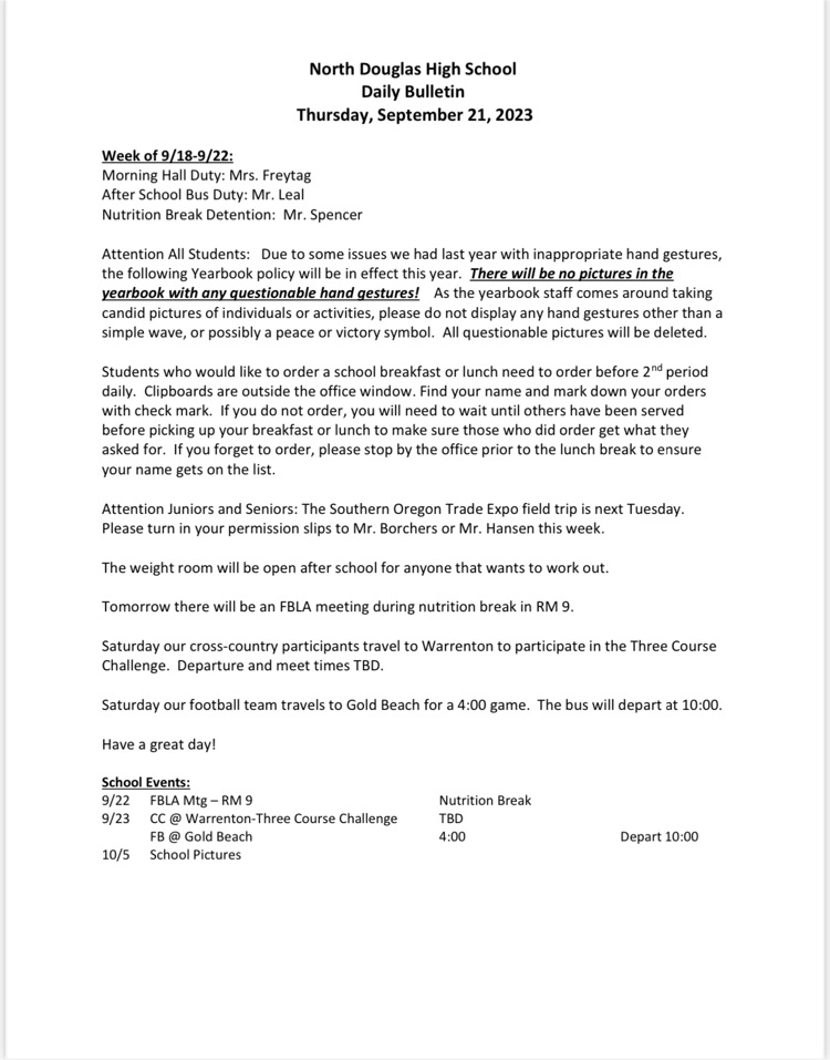 NDHS Daily Bulletin 9/21/23